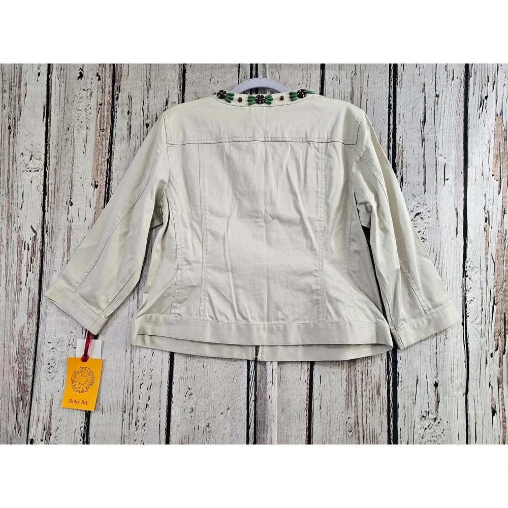 Ruby Rd Jacket Womens 10P Cement Solid Beaded Neck Full Zip Cotton‎ Blend 27330